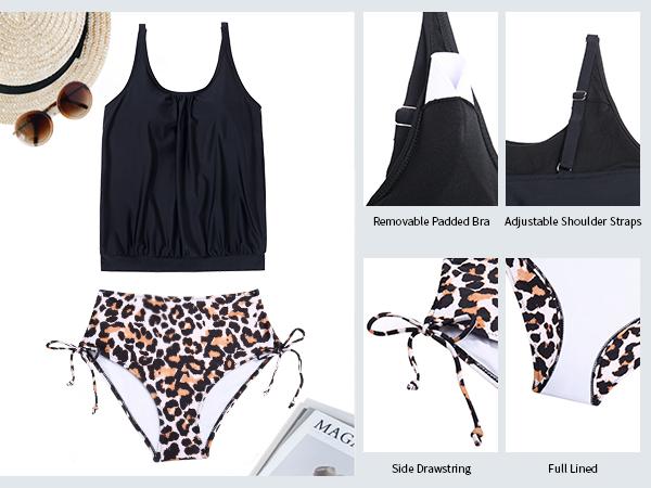 Holipick Two Piece Blouson Tankini Swimsuits for Women Tummy Control Bathing Suits Modest Tankini Top with Bikini Bottom