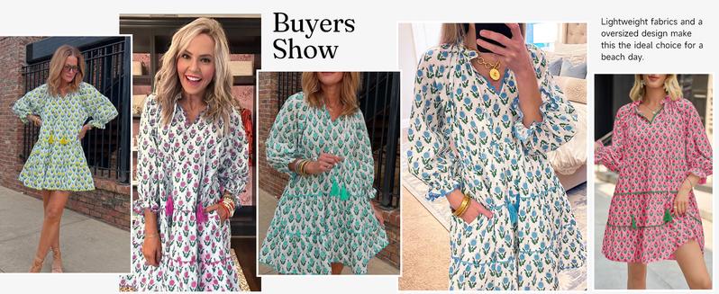 Wenrine Women’s Casual Mini Dress Long Sleeve Floral Ruffle V Neck Fall Loose Boho Babydoll Dresses with Pockets