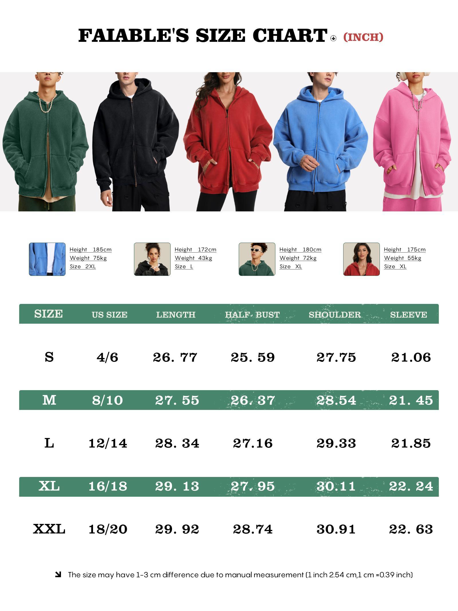 FAIABLE Unisex Double Zip Up Hoodie Oversized Acid Wash Heavyweight Fleece Cotton Zipper Hoodie Vintage Casual Soft Breathable Menswear with Pockets & Round Neck