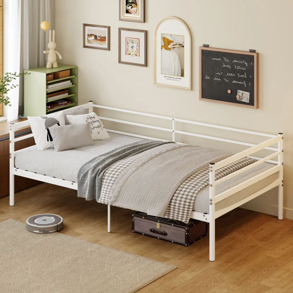 White Metal Single Bed Frame, 275 Lbs Weight Capacity Low‑Profile Bed with 10‑Inch Under‑Bed Storage Space, Modern Space‑Saving Platform Bed for Kids Teens Guest Room Small Apartment Bedroom