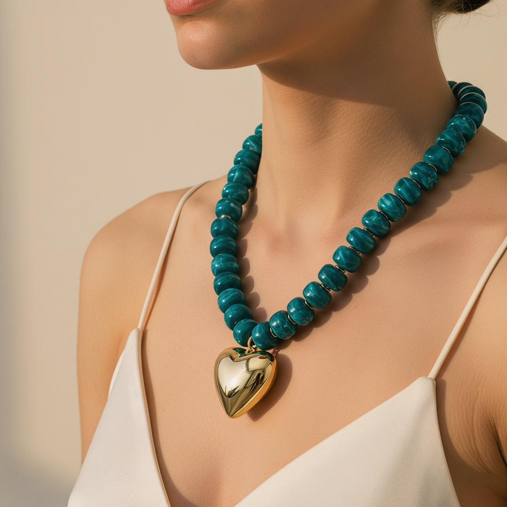 Women's Boho Natural Stone Beaded Choker Necklace - Gold-Plated Heart Pendant, Adjustable Bead Collar, Vintage Statement Jewelry for Daily, Party Use (5 Styles: Multicolor, Emerald Green, Teal, Cream, Lapis Lazuli)