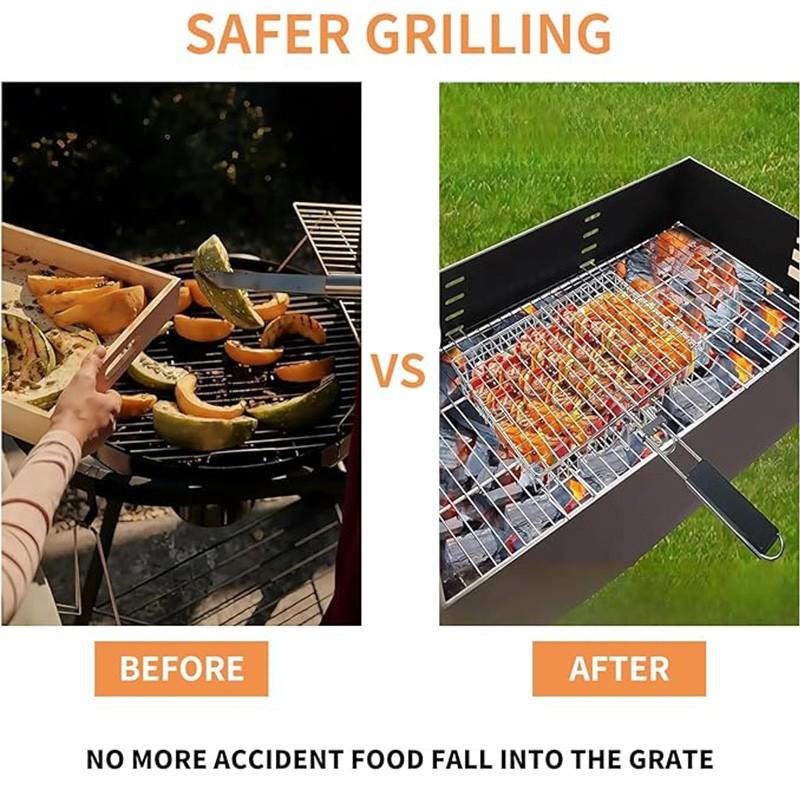 BBQ Stainless Steel Folding Handle Grill Tongue, Outdoor Multi-Functional Grill Net, Fish Meat Vegetable Rack, BBQ Tools