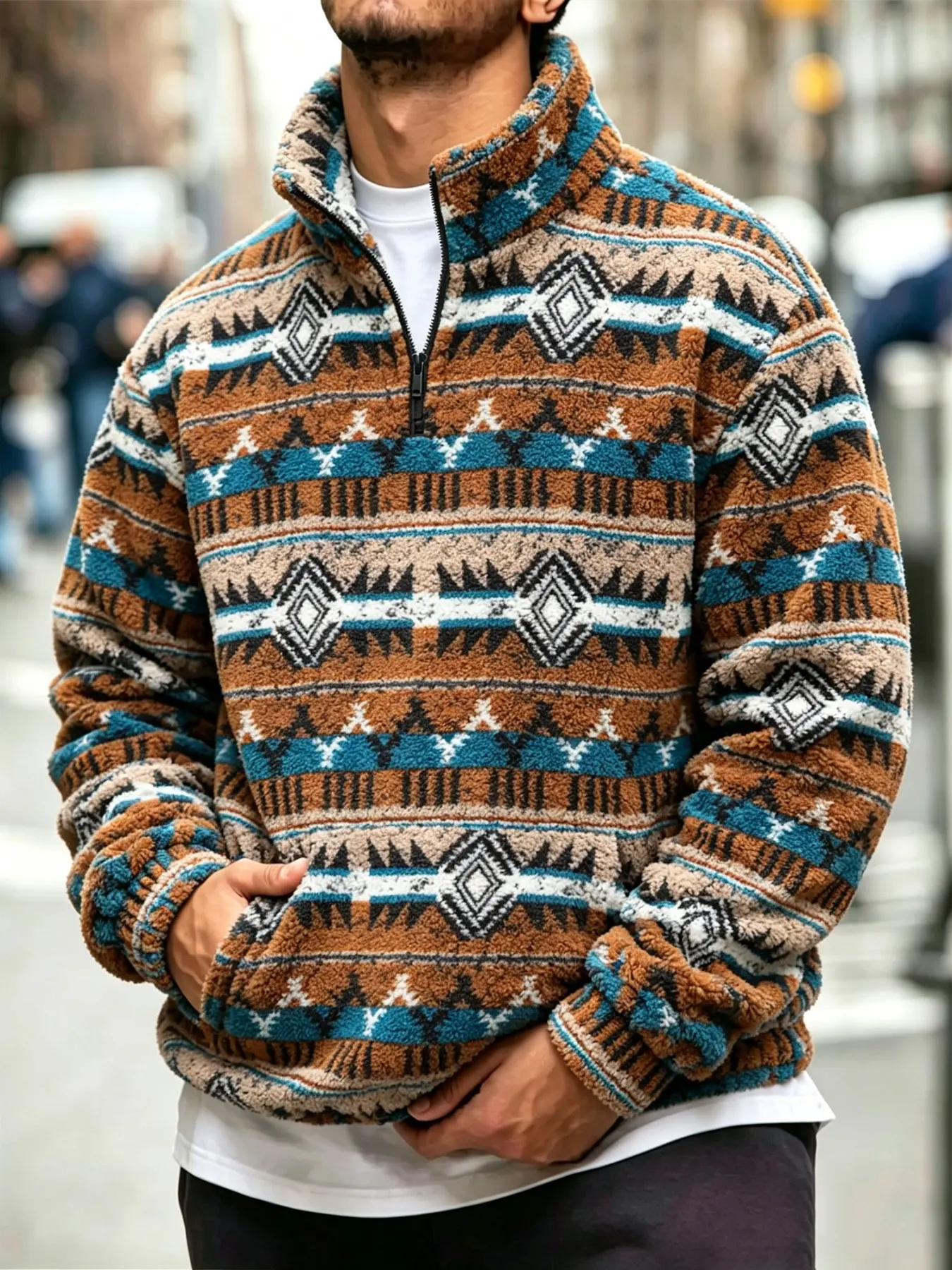 Men's Aztec Geometric Fleece Pullover, Retro Western Ethnic Style, Quarter Zip Top, Stand Collar, Soft Warm Long Sleeve, Camping, Hiking, Daily Wear