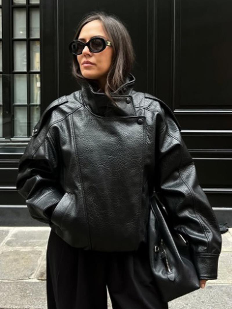 Women's Faux Leather Jacket New In Coats Demi-Season Black Brown Jacket Short Coat Spring Asymmetric Zip Motorcycle Jacket Streetwear Long Sleeve Red Aviator Jacket Womens Coat