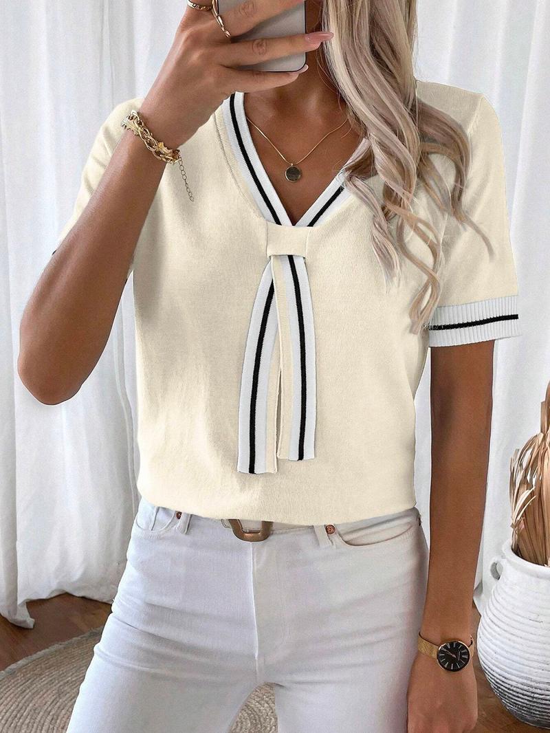 Women's Colorblock Striped Shortsleeve Vneck Knit Top, Casual Elegant Classy Fashion Chic Fitted Short Sleeve Top for Summer, Ladies Clothes for Daily Wear, Womenswear, Knitwear, Breathable Top, Casual Breathable Elegance