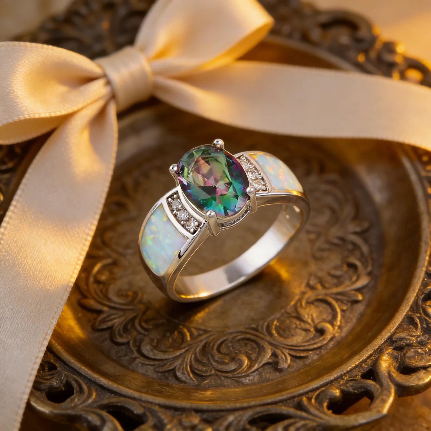 White K Plated Synthetic Fire Opal Colorful Zircon Fashion Jewelry For Women Cocktail Ring Anniversary Gifts for Her