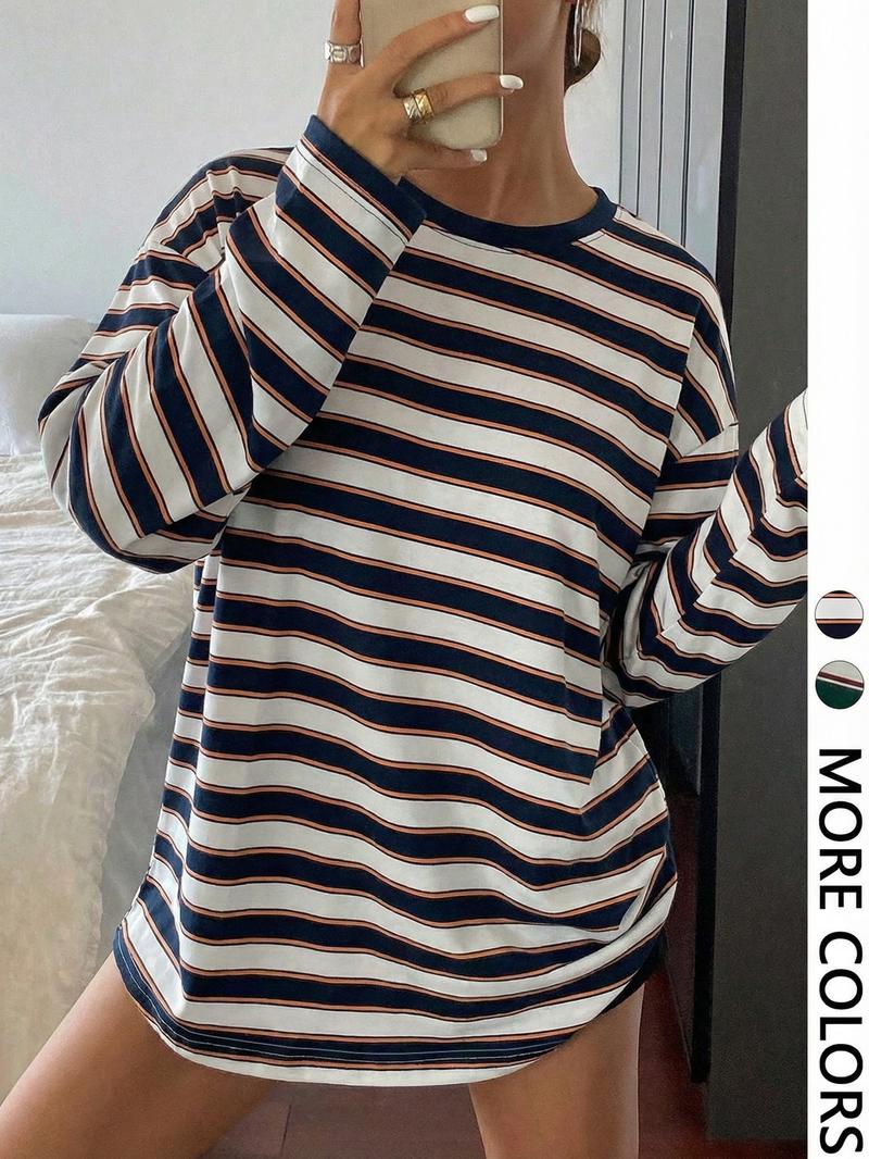 Women's Striped Long Sleeve Round Neck Loose Fit T-Shirt, All Seasons Fashion, Comfortable Casual Wear, Perfect for Daily Use