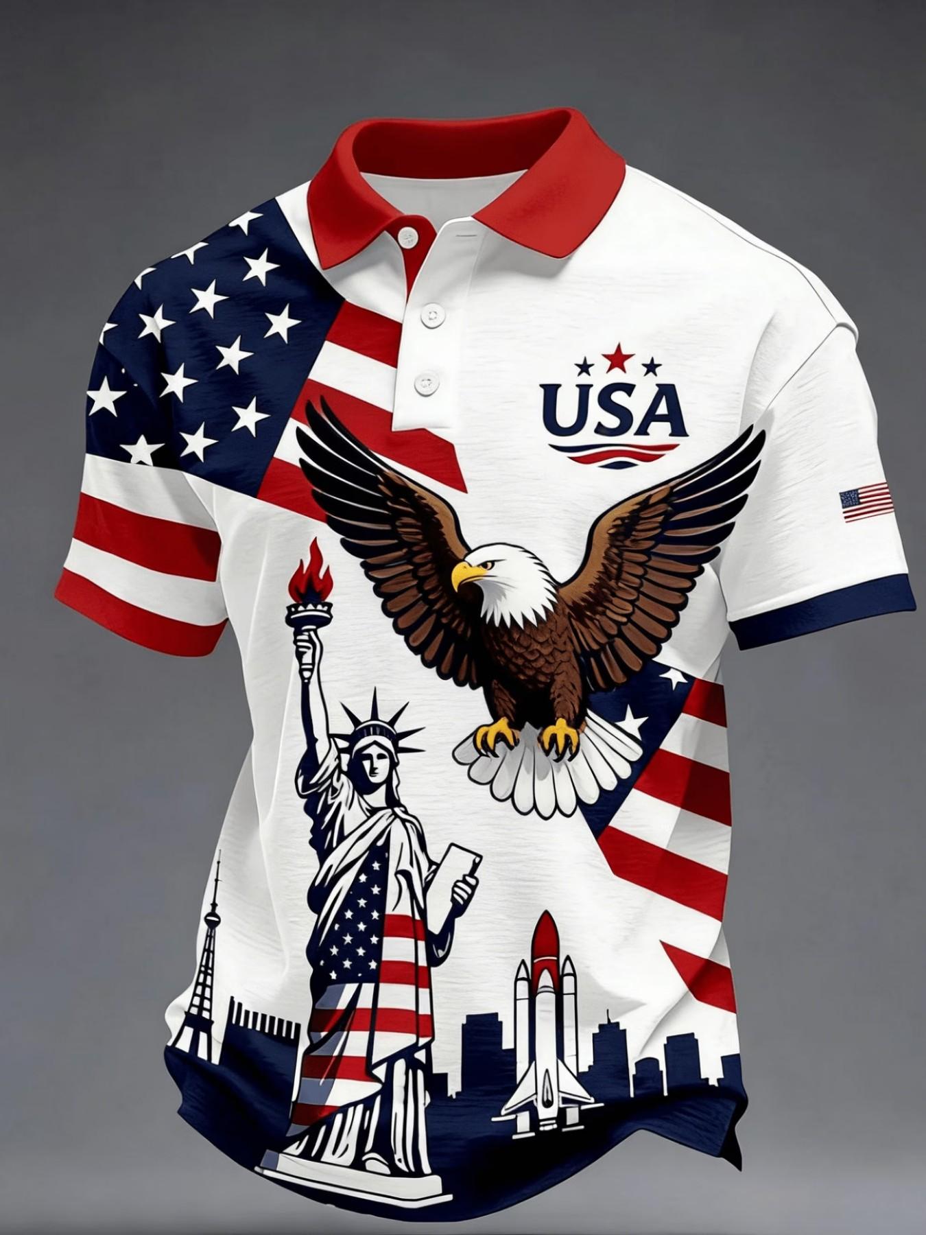 Summer Gift for Men, Usa Flag Eagle Liberty Statue Print, Short Sleeve, Casual Patriotic Polo Shirt, All Seasons Summer Gift for Men, Usa Flag Eagle Liberty Statue Print, Short Sleeve, Casual Patriotic Polo Shirt, All Seasons