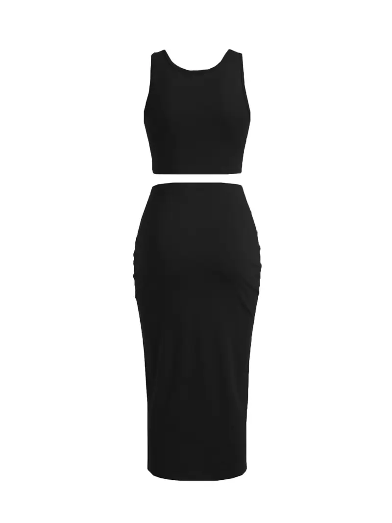 2-Piece Breathable Stretchy Sexy Sporty Casual Slim Fit Knit Crop Sleeveless Tank Top & High-Waisted Skirt Set for Beach, Vacation and Date, Street Style Womenswear
