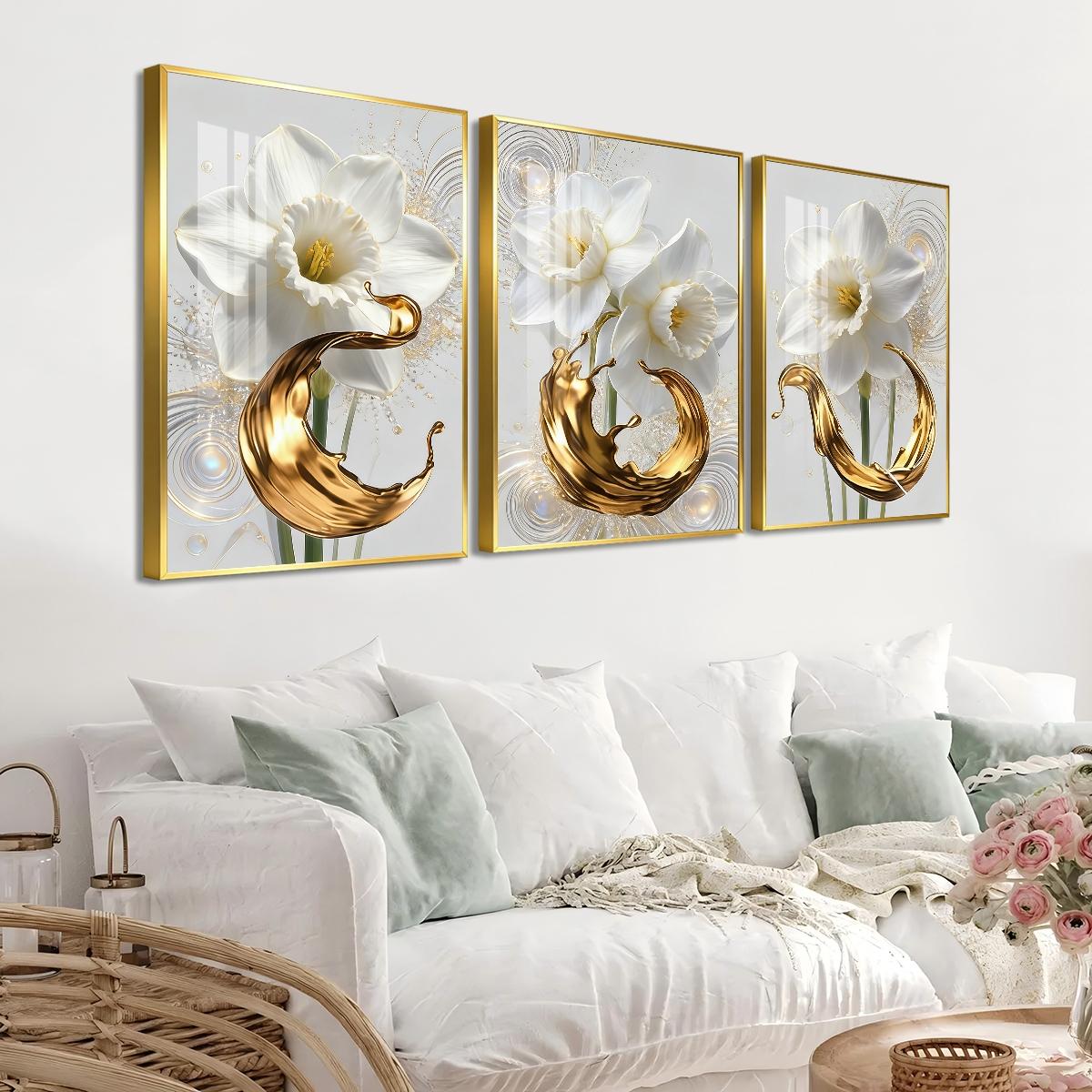 3 Counts Aluminum Alloy Framed Painting, White Daffodil Flowers With Golden Liquid Art Pictures, Home Decoration For Living Room, Bedroom, Office, Restaurant, Hallway Wall Decor, Odorless Print Artwork, Luxury Perfect Gift For Friends And Family