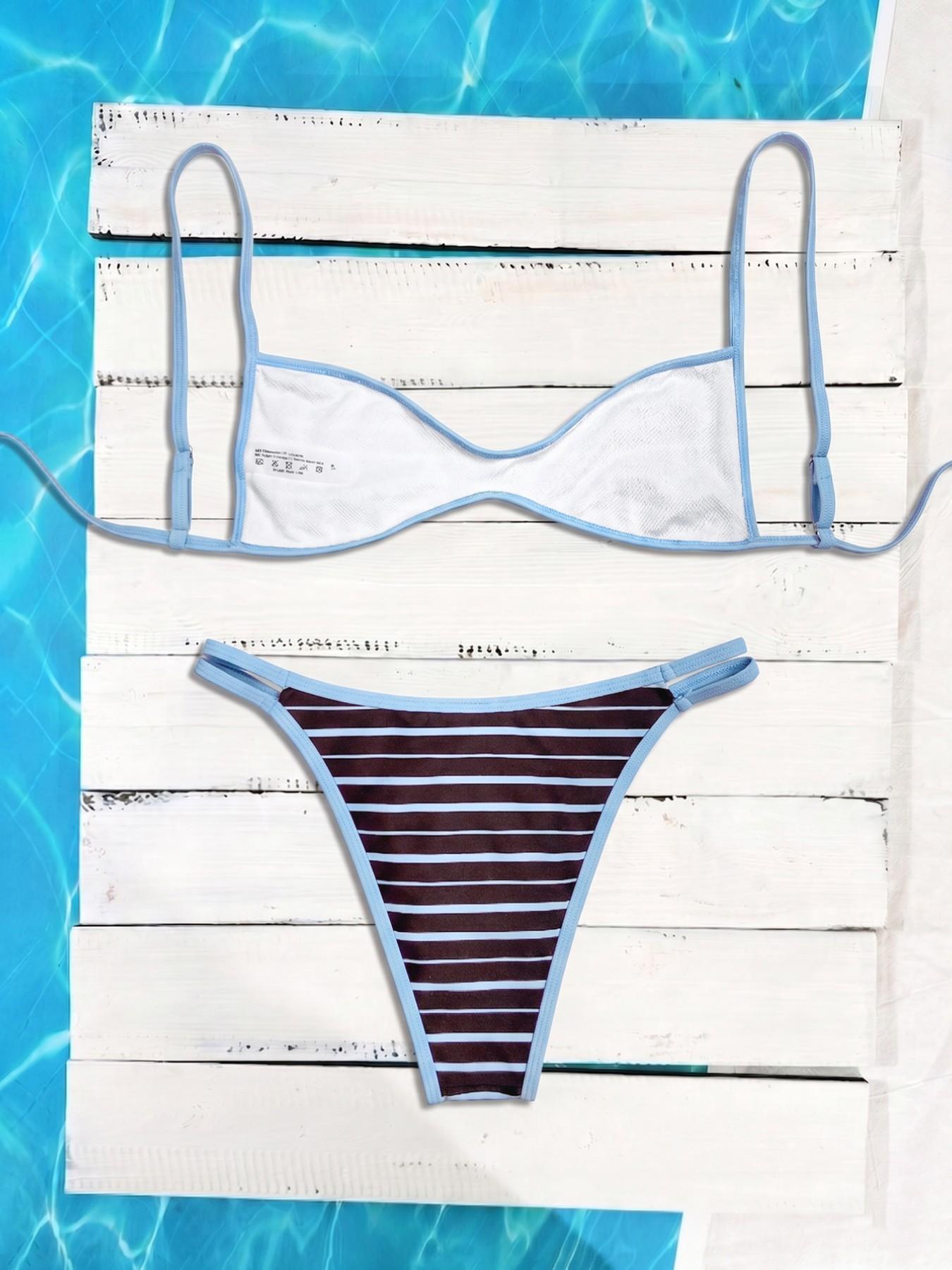 New Women's Blue Striped Bikini Set, Adjustable Straps, Thin Shoulder Strap Bikini, Casual Beachwear, Pool Party Fashion Swimwear