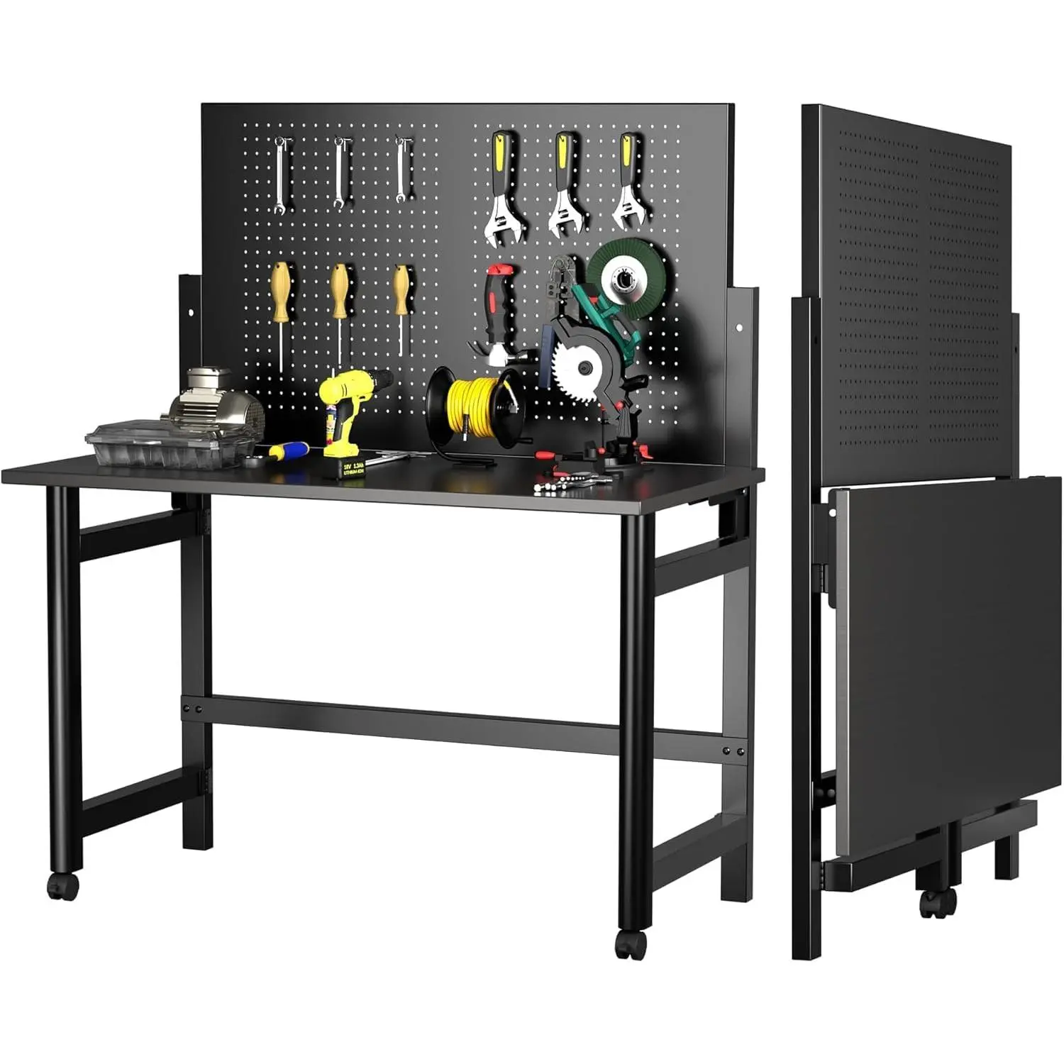 Garvee Heavy-Duty Foldable Wall-Mounted Workbench with Pegboard, 2000Lb Capacity Steel Work Table for Garage, Workshop, Warehouse, Home; Space-Saving Tool Storage in Black