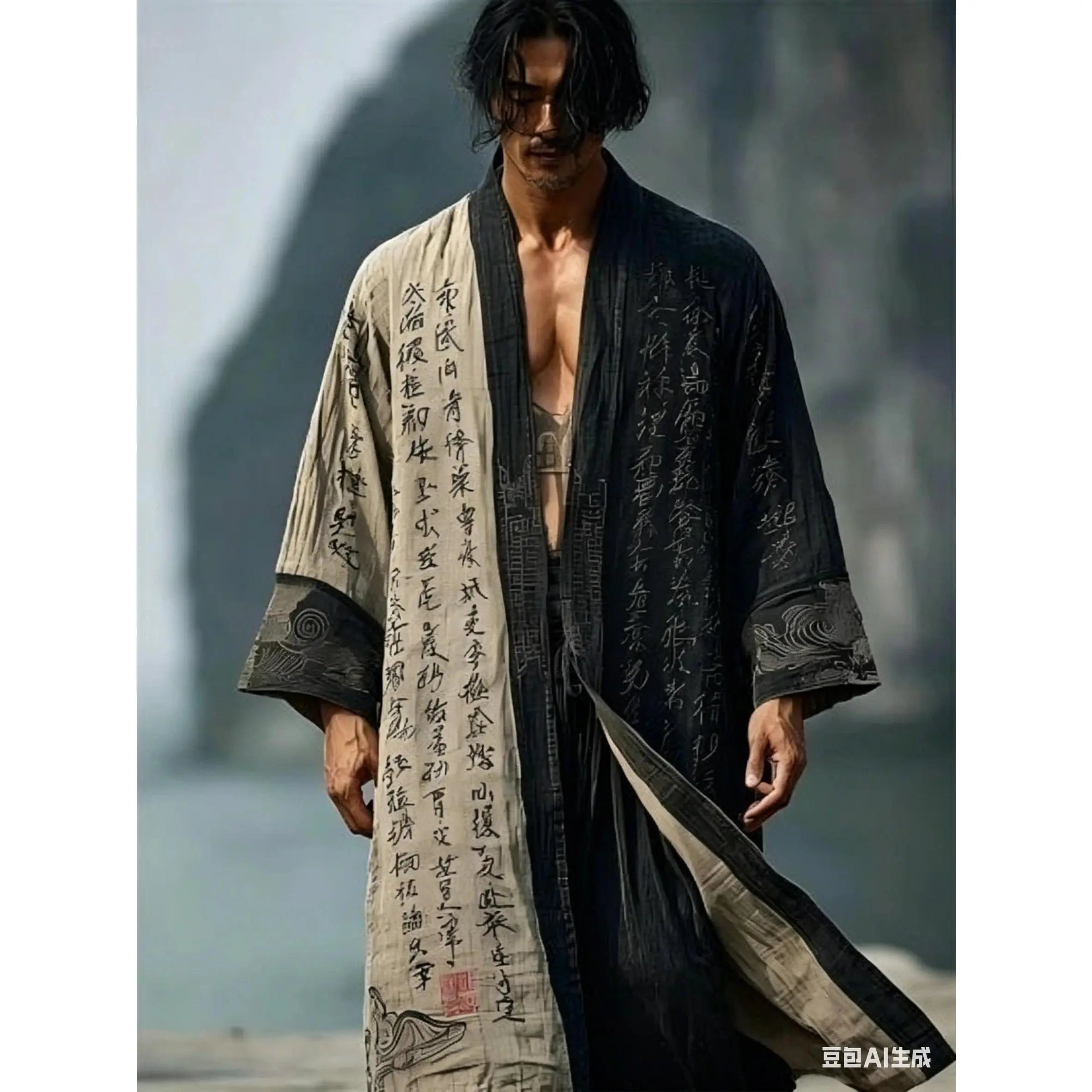 Summer 2026 Men's Long Chinese Style Crane Print Hanfu Open Cardigan Trendy Japanese Kimono Coat Casual Shirt Floral Pattern