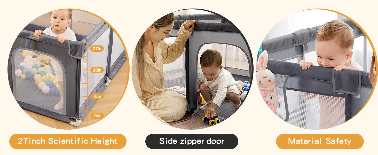 dearlomum 50"x50"/71"x59" Extra Large Baby Playpen with Soft Mesh Fence & Safety Gate for Babies & Toddlers Indoor Safety Yard Easy Assembly Clean Nonremovable Waterproof Mat Black/Gray