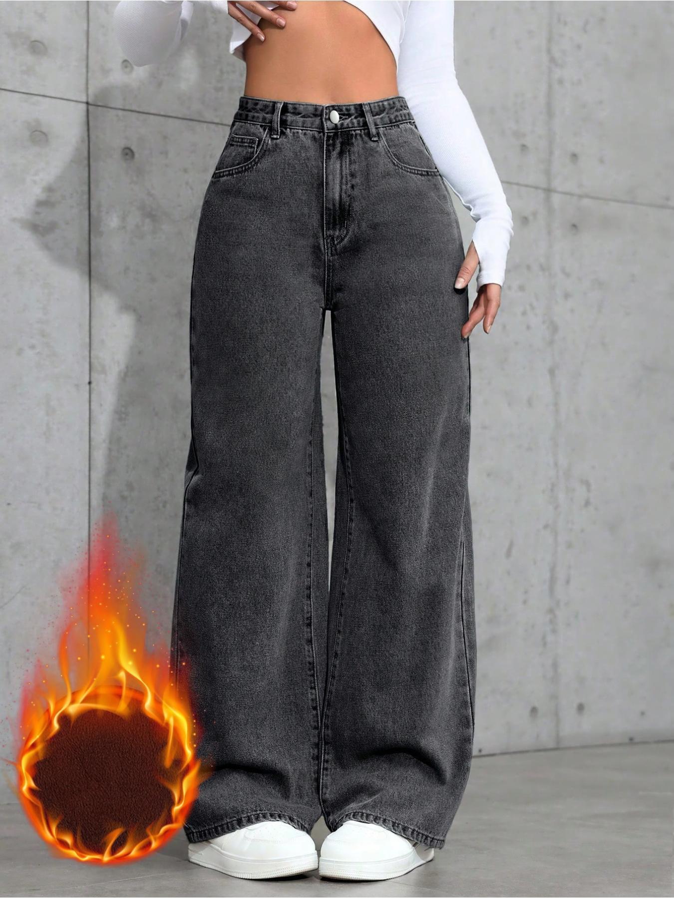 Women's Plain Fleece-Lined Thick Jeans for Fall & Winter, Fashion Woven Fabric Straight Fit Denim Pants, High Rise Jeans