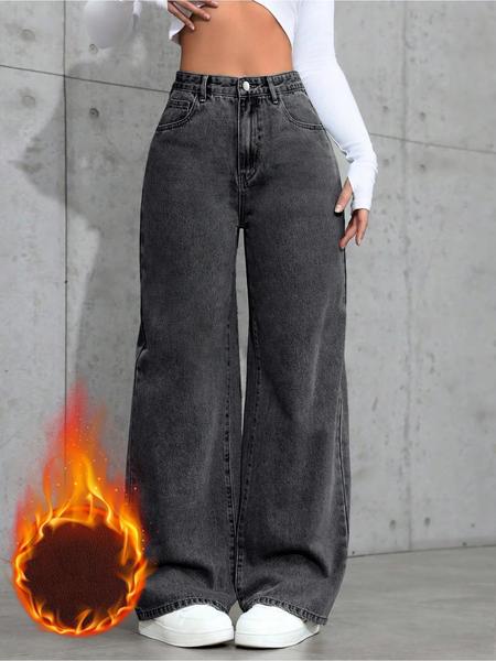 Women's Fleece Lined Thick Denim Jeans, Fall & Winter Fashion Wide Leg Straight Fit Pants, Elegant Plain Woven Fabric, High Rise Jeans