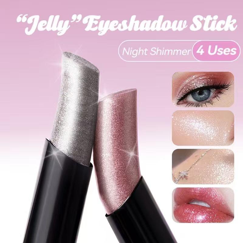 4 Colors Jelly Watery Eyeshadow Stick Set, Metallic Glitter Shimmer, Long Lasting Highly Pigmented Layerable Formula, Usable for Blush and Eyeliner, for Sparkling Eye Makeup and Facial Contouring, Ideal for Party and as Gift