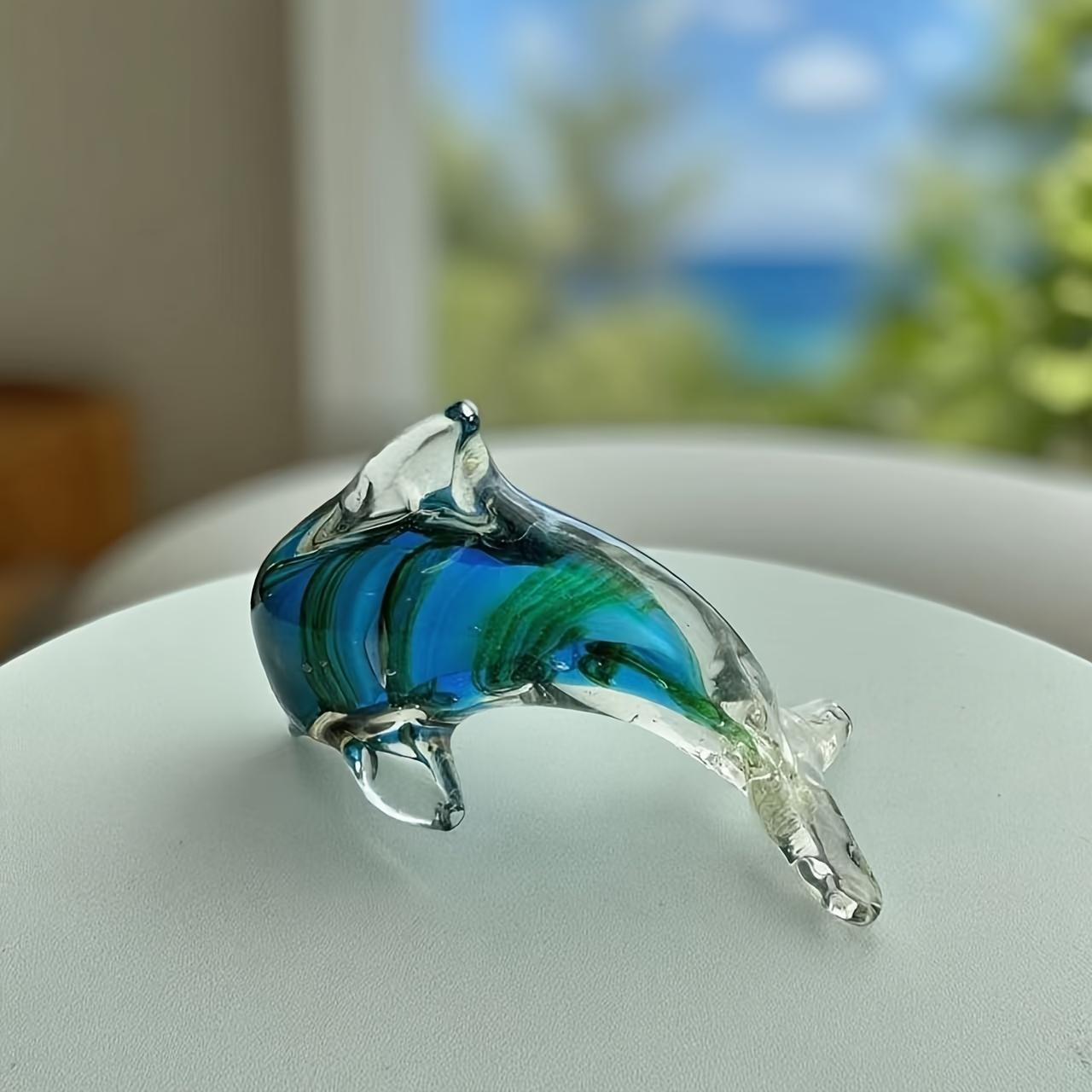 Handmade Blown Glass Dolphin Sculpture, Blue Gradient Glass Art, Luxury Style Home Decor, Unique Art Gift