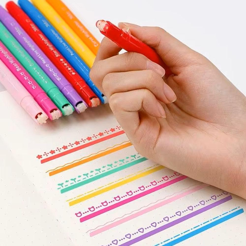 8pcs Dual-Head Multi-Functional Fluorescent Markers, Curve Roller Flower Design, Student DIY Journal Pens, Daily Use Stationery