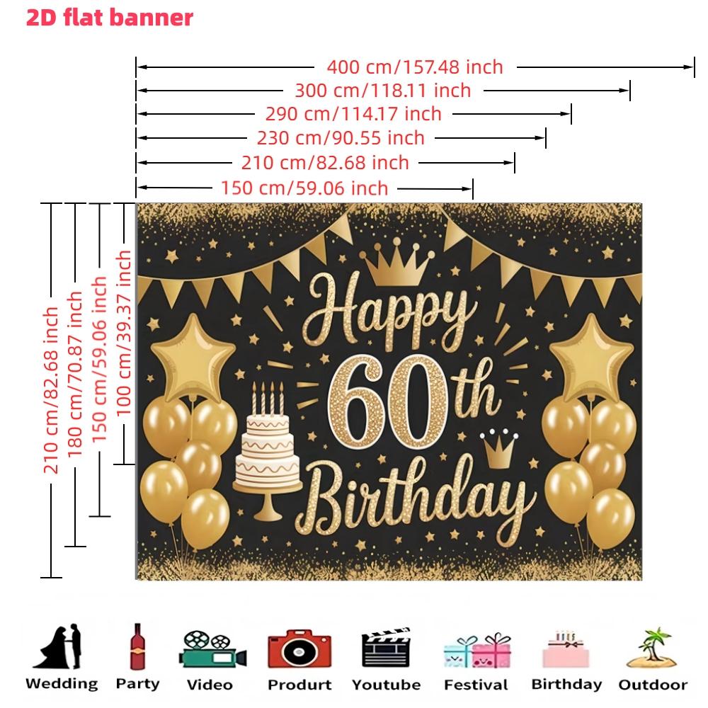 Gold 60th Birthday Banner, Balloon and Confetti Elements, Polyester Material, Party Wall Decor, Ideal for Photoshoots and Celebrations