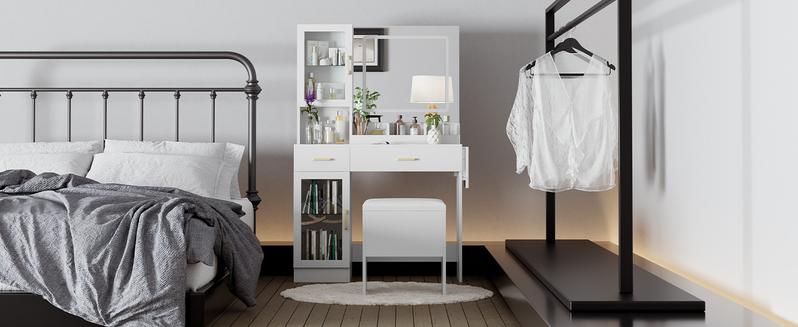Modern Makeup Vanity Set with Adjustable LED Mirror,Vanity Desk with Stool, Dressing Table Set Furniture Organization