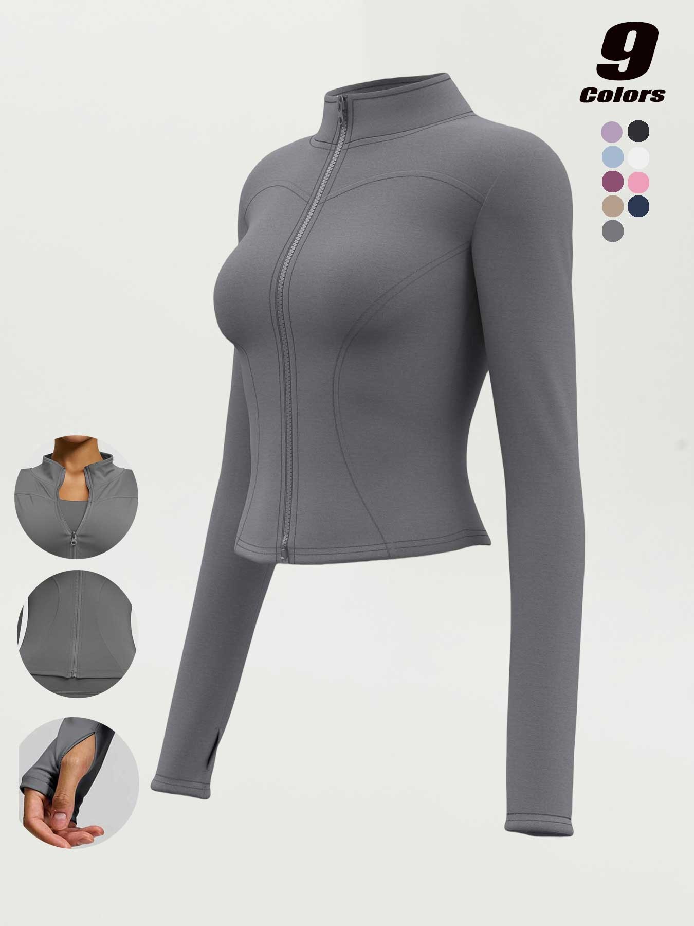 Women's High Elastic Stand Collar Thumbhole Fitted Gym Top, Breathable Thinning Yoga Jacket, Sports Jacket for All Seasons, Long Sleeve Fitness Wear S-Xxxl