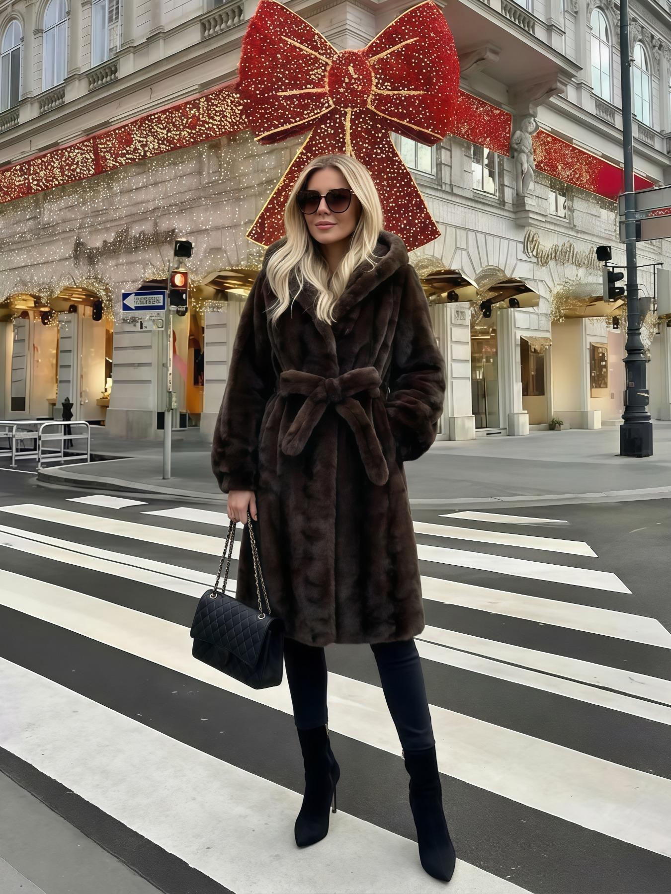 Women's Faux Fur Coat, Winter Fashionable Long Sleeve Hooded Jacket, Casual Loose Fit Medium-Length Outerwear for Daily Wear