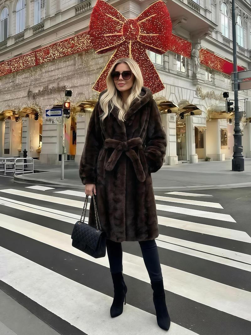 Women's Faux Fur Coat, Winter Fashionable Long Sleeve Hooded Jacket, Casual Loose Fit Medium-Length Outerwear for Daily Wear