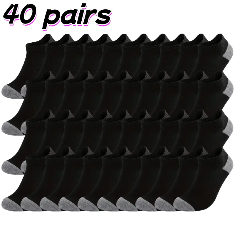 Men's 40 Pairs Low-Cut Crew Socks - Black, Plain, All-Season, Sweat-Absorbing, Breathable, Comfortable Fit, Minimalist Classic Style, Casual Wear, Sweat Wicking Sports Socks, Menswear Footwear