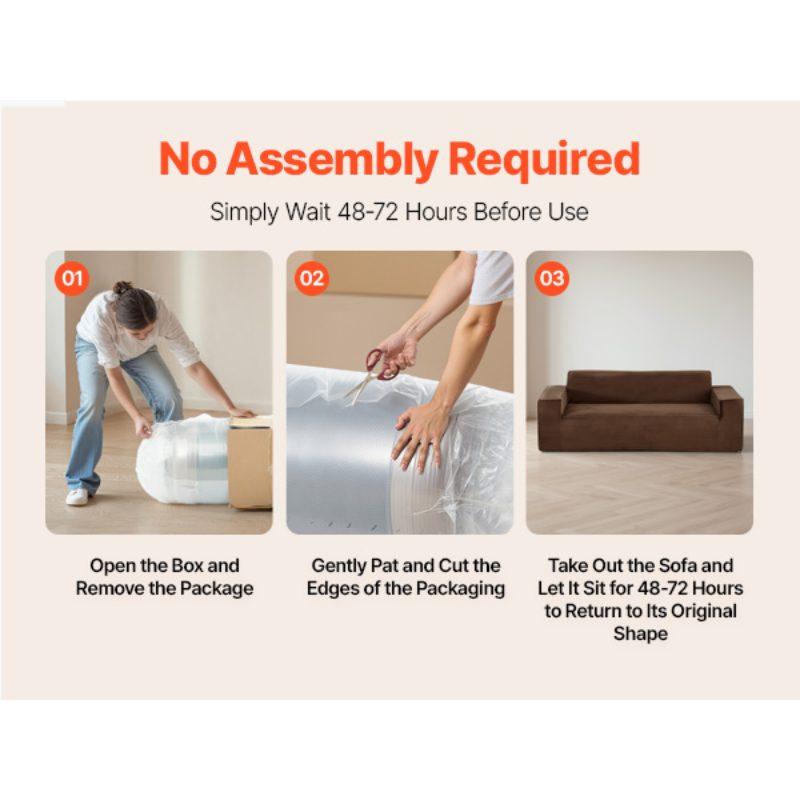 VEVOR 3-Seater Sofa in a Box, 83-Inch No Assembly Corduroy Couch with Memory Foam, Deep Seats for Living Room, Apartment, or Office, Brown