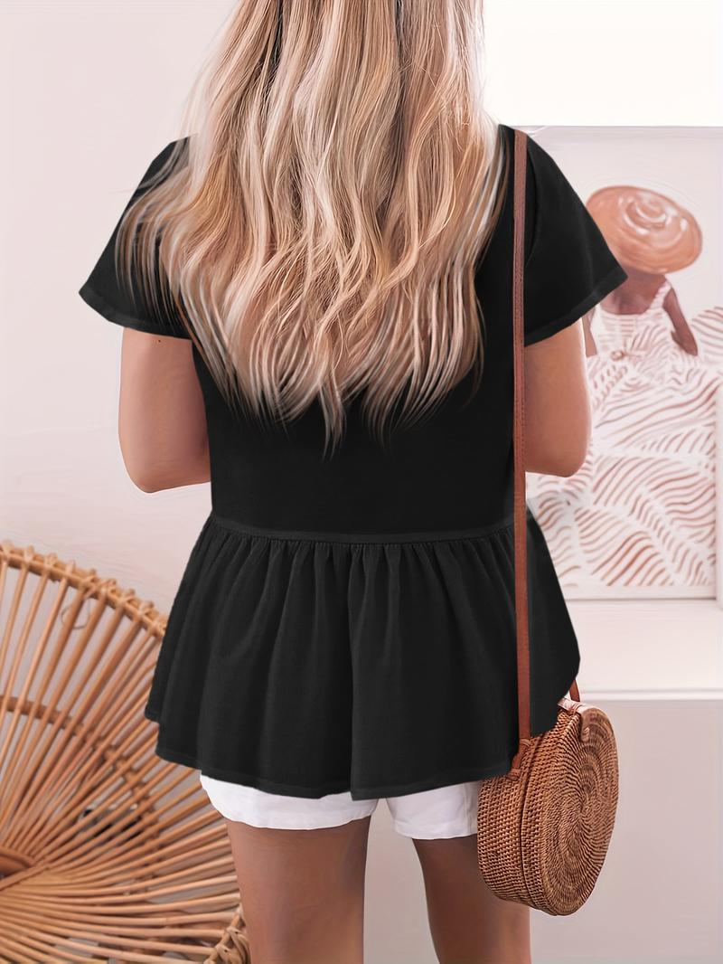 Imily Bela Womens Short Sleeve V Neck Blouse Button Down Shirt Loose Casual Ruffle Hem Babydoll Peplum Tops