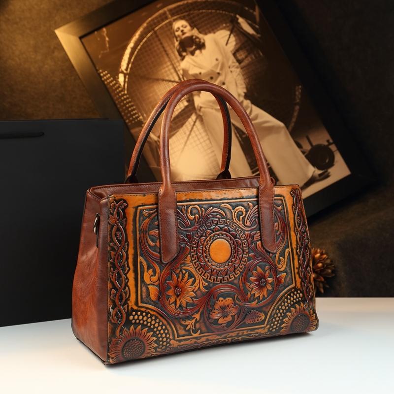 Vintage Tannery Craft Embossed Handbag, Traditional Floral Pressed Large Capacity Commuter Bag, Mom Style Shoulder Crossbody Bag