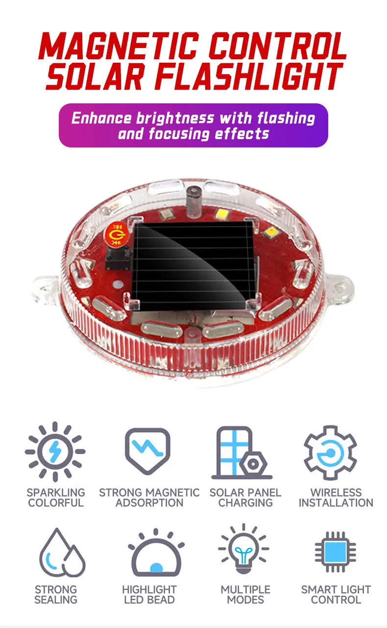 Solar-Powered Strobe Warning Light | Touch Control, Auto Light-Sensing, Strong Magnetic Mount, IP68 Waterproof, Multi-Color Flashing Safety Beacon for Vehicles