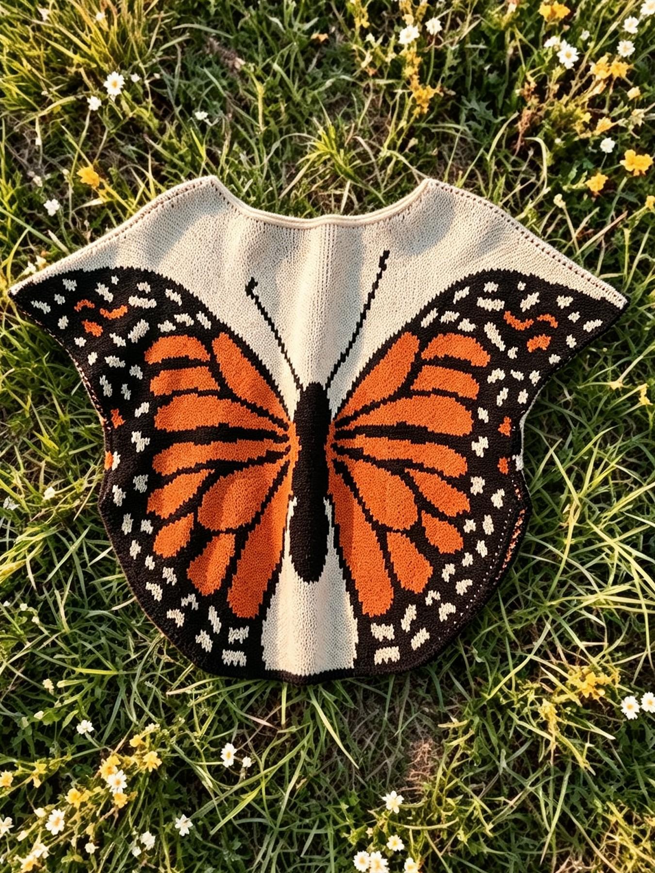 Vintage Butterfly Knit Pullover for Women, Unique Design Outerwear, Casual Loose-Fitting Top, Spring & Fall, Acrylic Material Knitwear