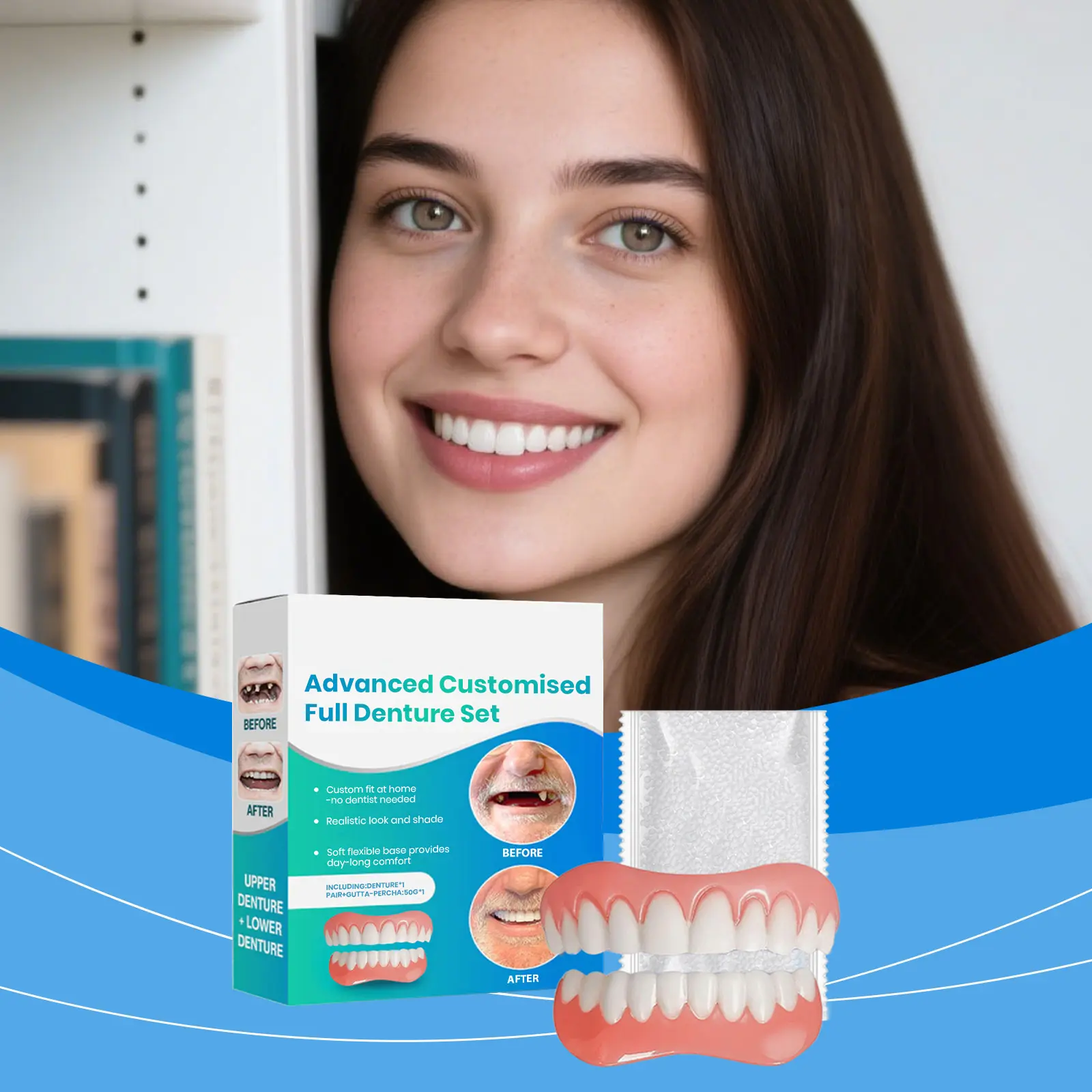 MOSMIA Denture Set, Daily Cosmetic Teeth Set to Enhance Smile Aesthetics, Made of Comfortable Material, Natural-Looking Denture Set