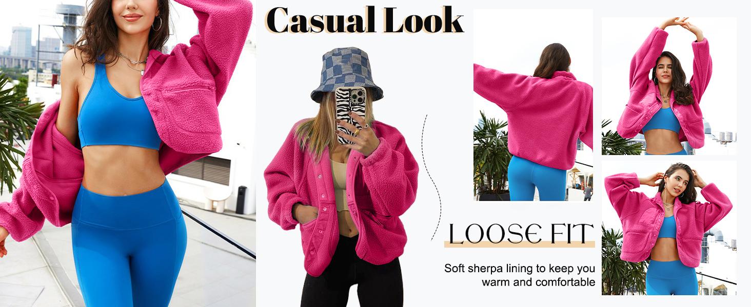 Naeduo Women's Fuzzy Sherpa Fleece Jacket Black Fitted Casual Outerwear with Side Pockets High Collar Adjustable Drawstring Hem Front Zipper Closure Basic Winter Jacket for Fall & Daily Wear Long Sleeve Minimalist Coats