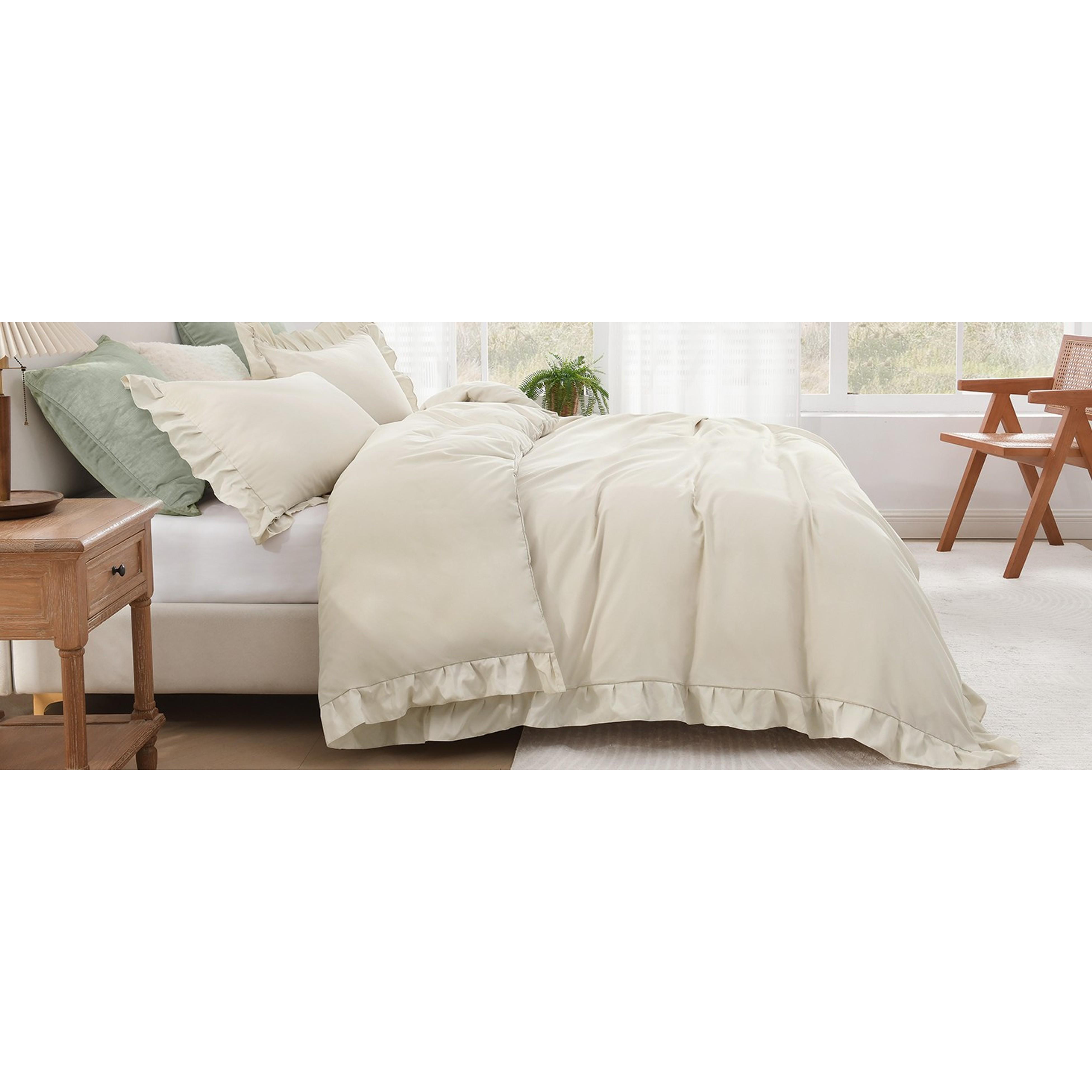 King Size Tan Gingham Duvet Cover Set, 3-Piece Ruffle Shabby Chic Farmhouse Bedding - Pre-Washed Soft Polyester Comforter Cover with Zipper Closure, Corner Ties, 104x90In