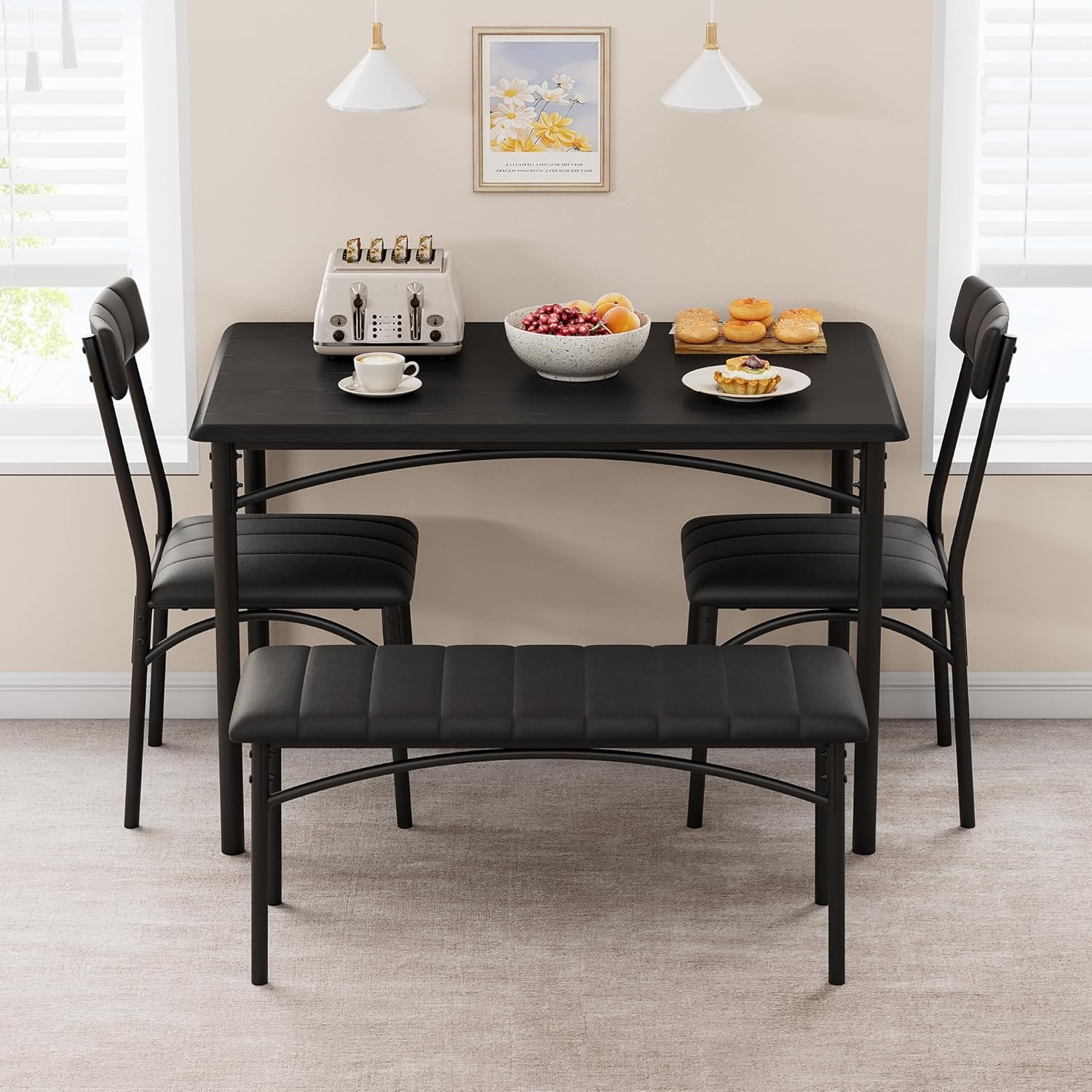 4-Piece Dining Set for 4 with Table, 2 Chairs & Upholstered Bench, Rectangular Wood Kitchen Table for Small Spaces, Apartments & Breakfast Nook 4-Piece Dining Set for 4 with Table, 2 Chairs & Upholstered Bench, Rectangular Wood Kitchen Table for Small Spaces, Apartments & Breakfast Nook