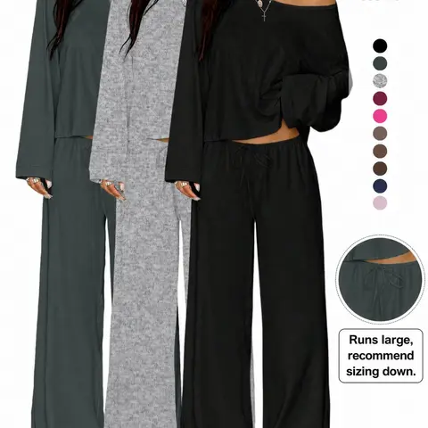 Casual Lounge Matching Set for Women, Solid Color Off-Shoulder Long-Sleeve Slouchy Top & Wide-Leg Drawstring Palazzo Pants, for Fall, Vacation & Airport Outfit Loungewear PJs Nightwear