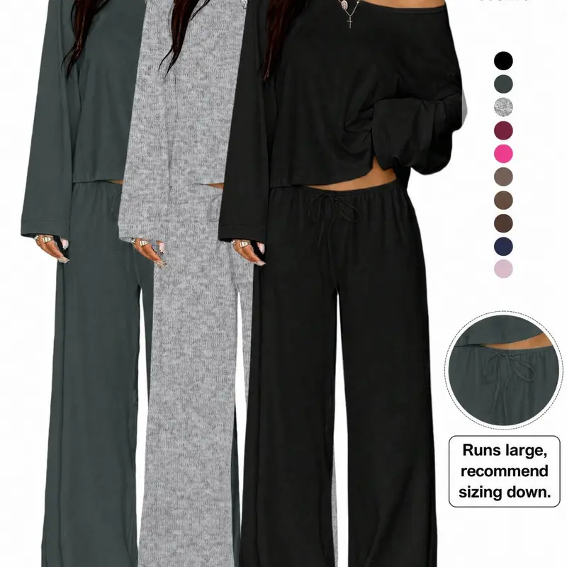 Casual Lounge Matching Set for Women, Solid Color Off-Shoulder Long-Sleeve Slouchy Top & Wide-Leg Drawstring Palazzo Pants, for Fall, Vacation & Airport Outfit Loungewear PJs Nightwear