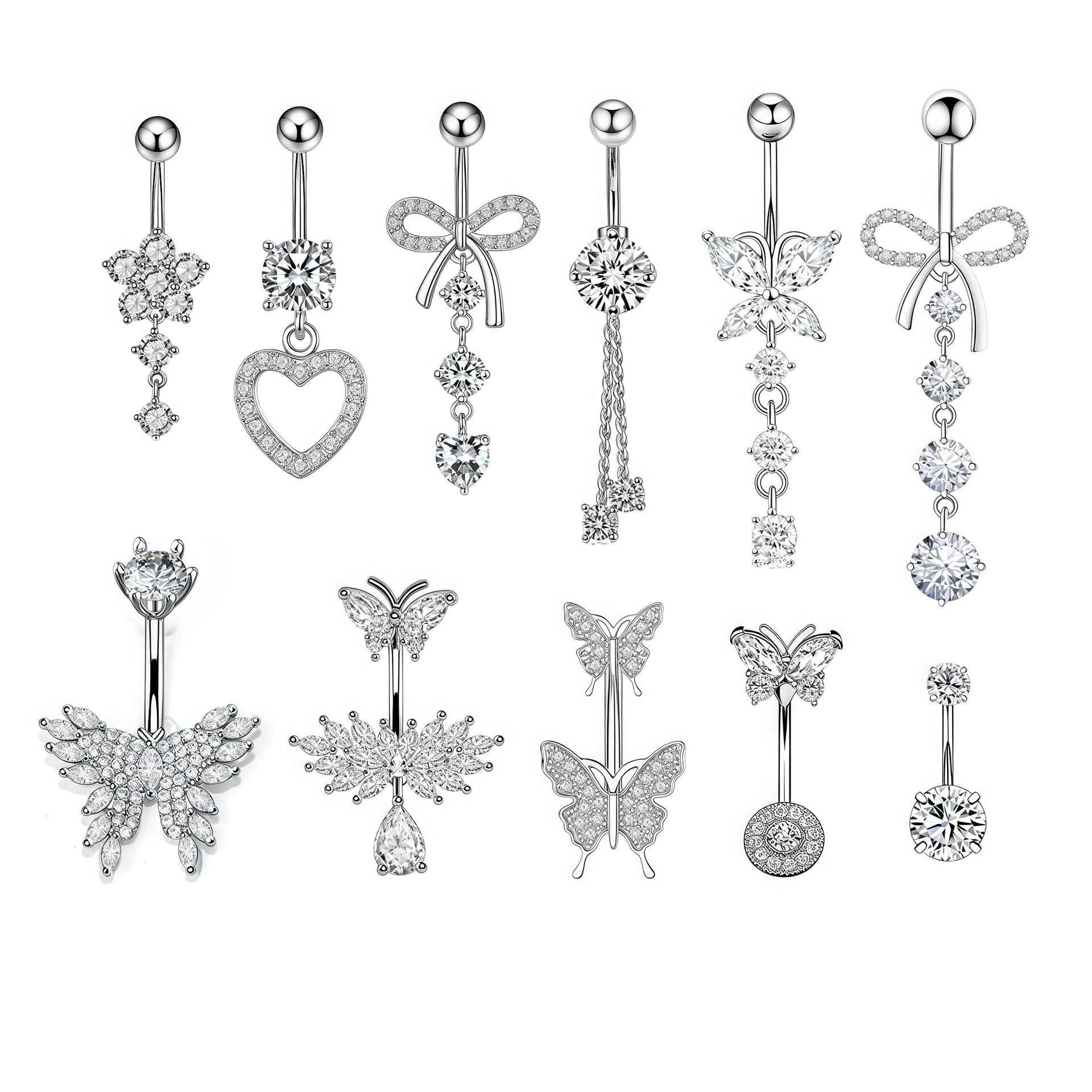 14G 10mm Navel Piercing Jewelry Set, CZ Belly Button Rings, Dangle Butterfly Heart Bowknot Belly Piercing for Women Girls, Hypoallergenic Navel Barbell Body Jewelry for Summer Beach