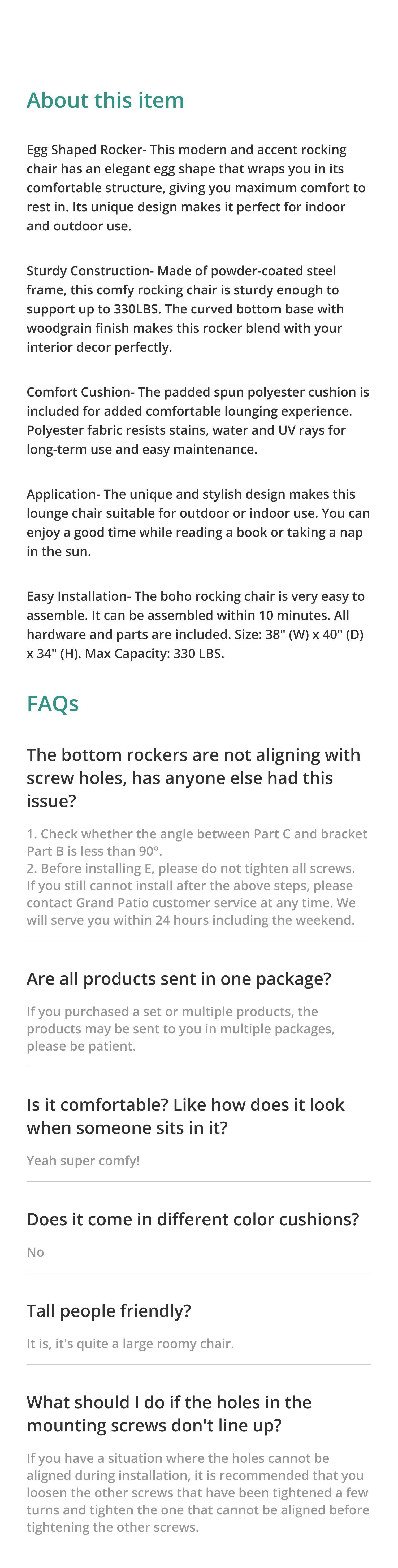 GRANDPATIO Comfortable Electroplating Rocking Chair with Cushions for Patio Porch Garden Backyard