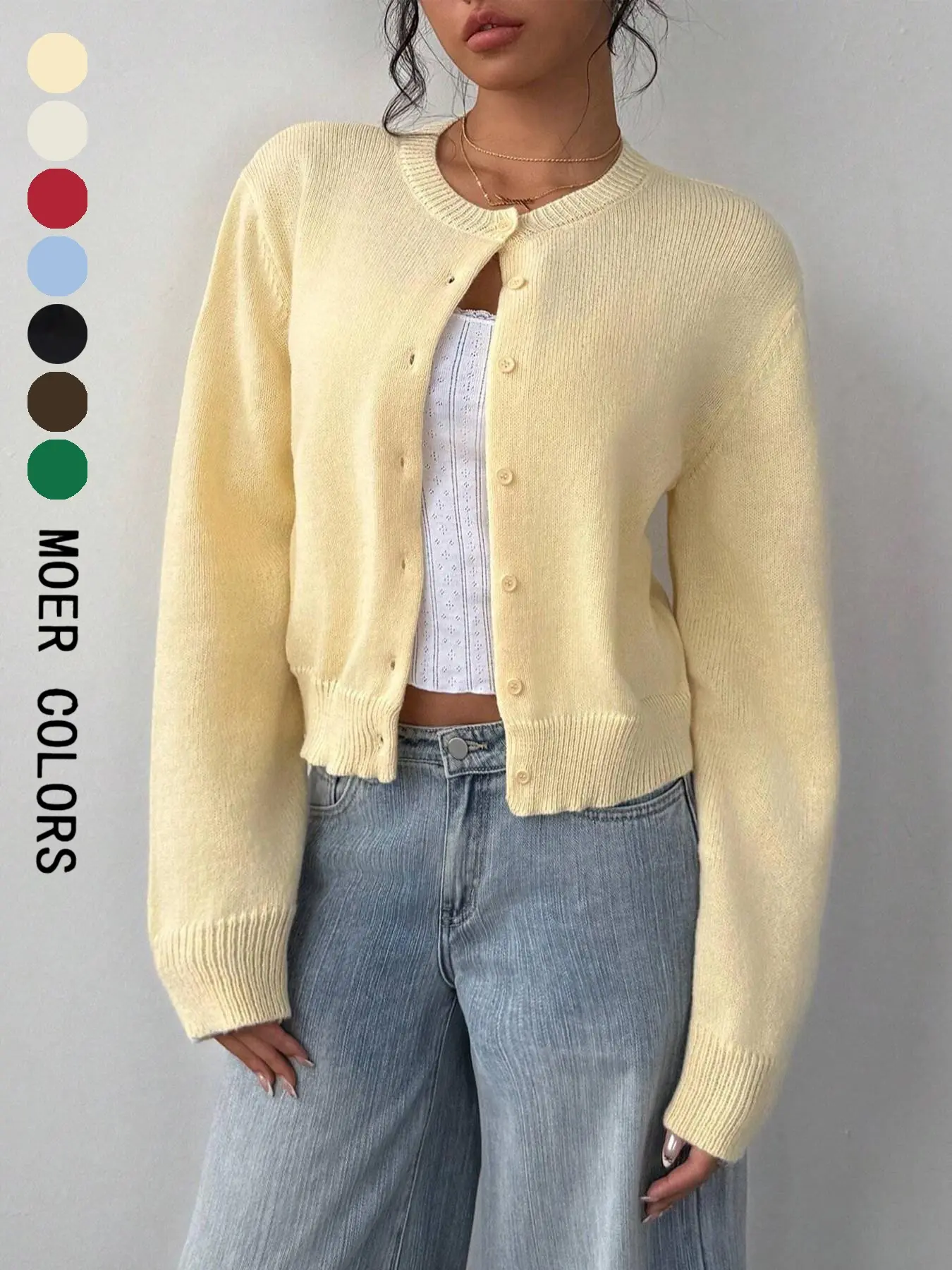 Women's Cream Round Neck Knitted Cardigan, Single Button Long Sleeve Sweater, Casual Soft Knit Daily Wear Outerwear