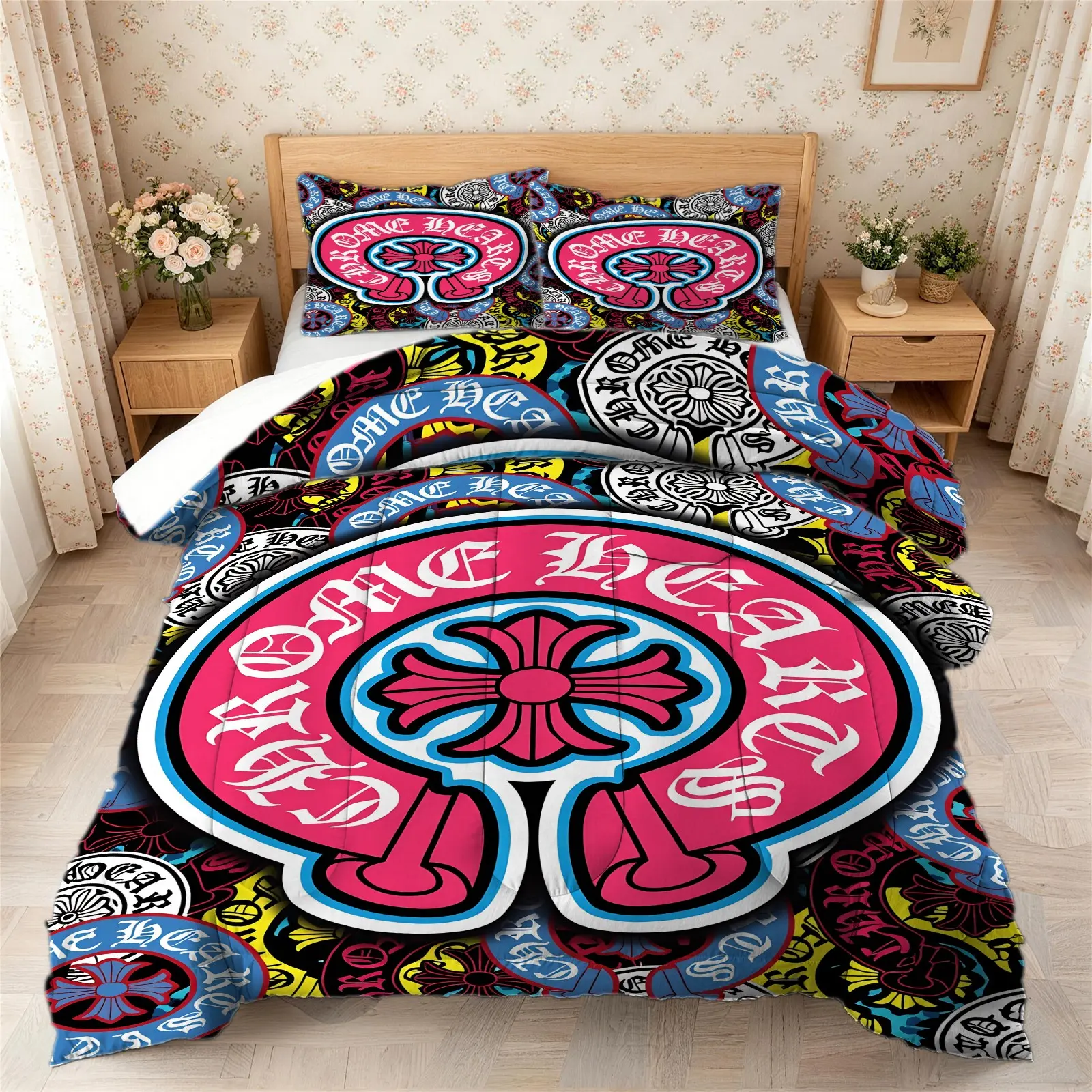 2/3Pcs Gothic Streetwear Comforter Set, Bold Digital Print, Soft Lightweight Quilt Bedding Set with Pillowcase, Perfect for Bedroom, Dorm and Guest Room, Trendy Home Decor for Gothic‑Style Teens and Adult Enthusiasts, Household Bedding Set