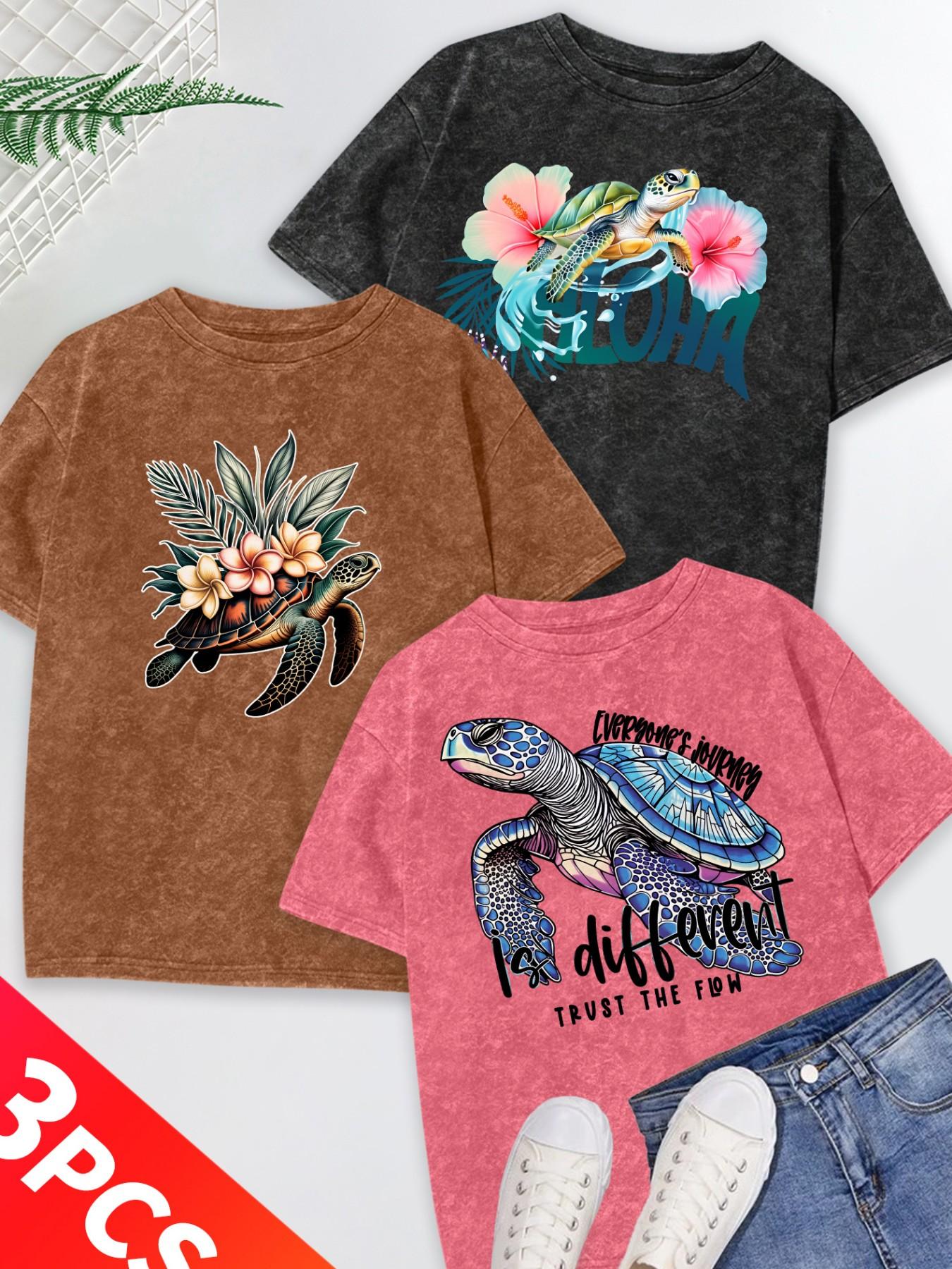 Women's 3-Pack Snow Wash Short Sleeve T-Shirt, Hawaiian Sea Turtle & Floral Print Set, Multiple Colors, Machine Washable, Spring & Summer Tops, Soft Skin-Friendly Fabric, Daily Wear, Fashion Design