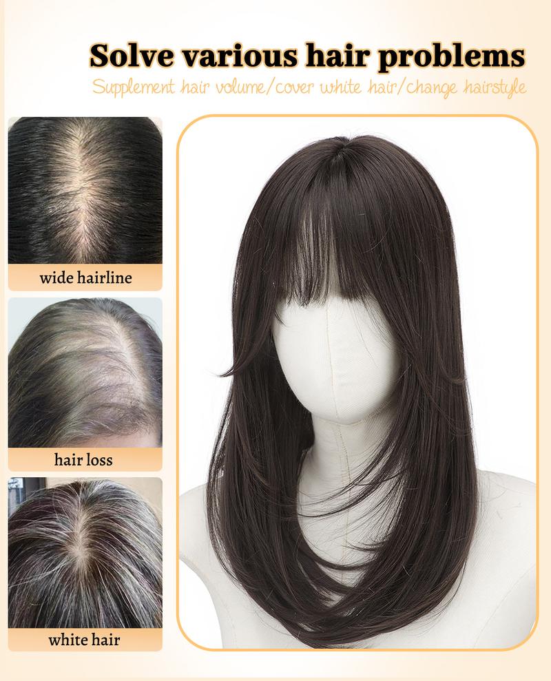 【ORSUNCER HAIR] Dark Brown Hair Toppers for Women with Thinning 3D 360° Cover Clip in Wispy Bangs Upgraded Adjustable Bandage 18 Inch Long Layered