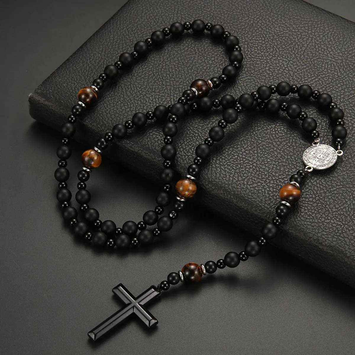 Fashion Cool Black Lava Stone Hematite Cross Pendant Necklace Rosary for Men and Women Handmade Jewelry Gift