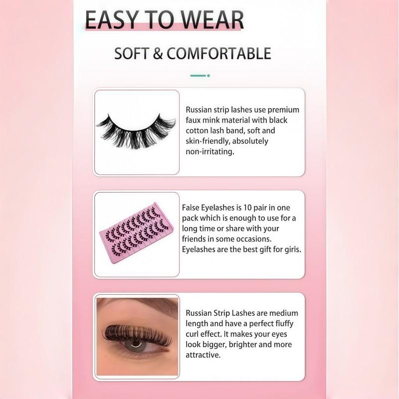10 Pairs Russian Strip Lashes DD Curl Lashes 3D Eyelashes Reusable Fluffy False Lashes Russian Extensions