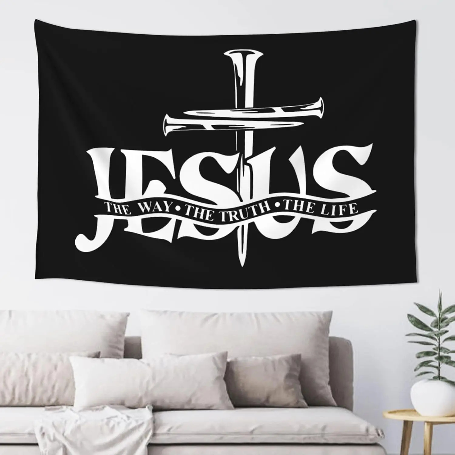 Religious Theme Rectangular Jesus The Way The Truth The Life Polyester Wall Tapestry, Machine Washable Bedroom Decor for Living Room Dorm