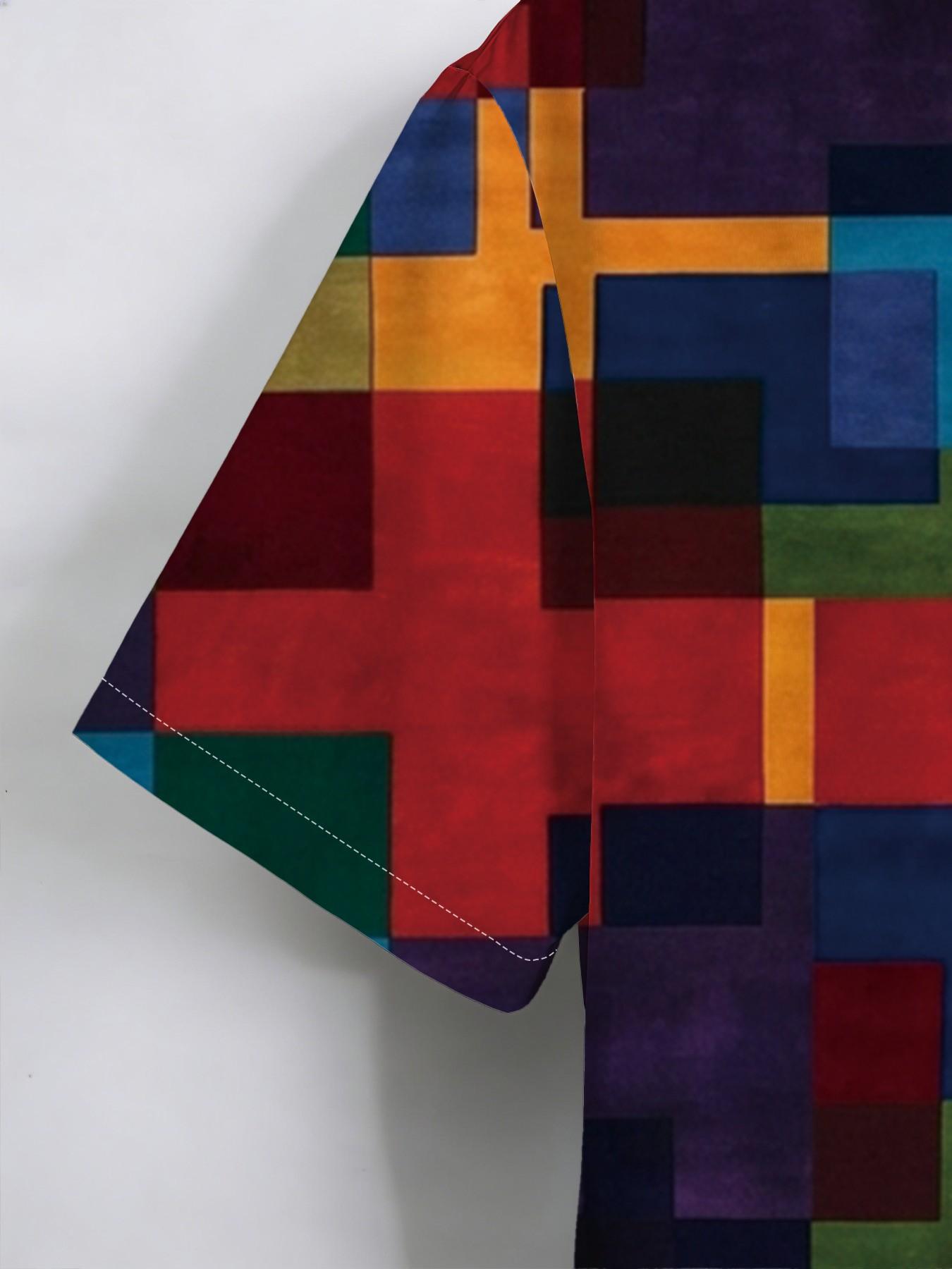 New Summer Men's Short Sleeve Shirt, Vintage Colorful Square Geometric Print, Casual Breathable Beach Holiday Hawaiian Shirt